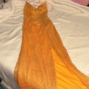 Orange backless sequin prom dress